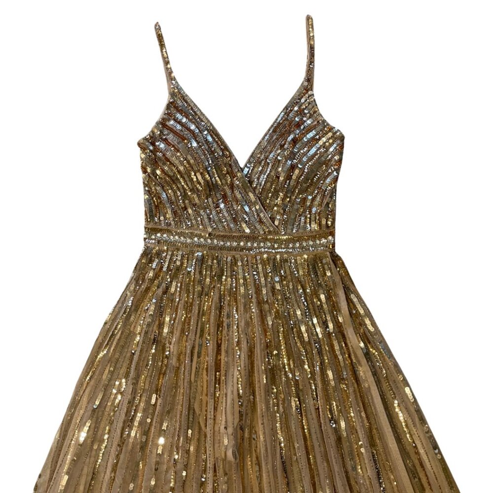 Mac Duggal Wrap Front Beaded Maxi Dress Full Length Gown Gold Sequins Women's 2 - Picture 8 of 16